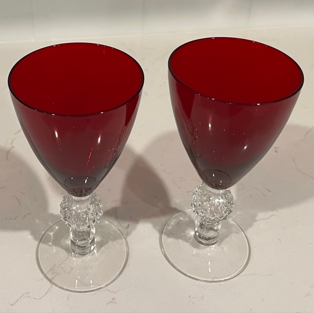 Vintage Morgantown Art Deco Ruby Cut To Clear Goblets 9 oz Set Of 2 - Picture 2 of 9